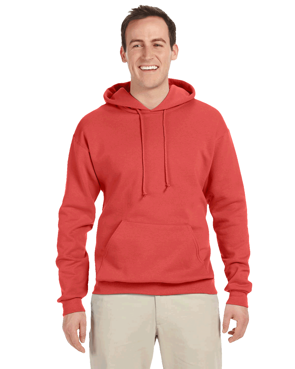 Man smiling in red pullover hoodie with front pouch pocket and beige pants on transparent background