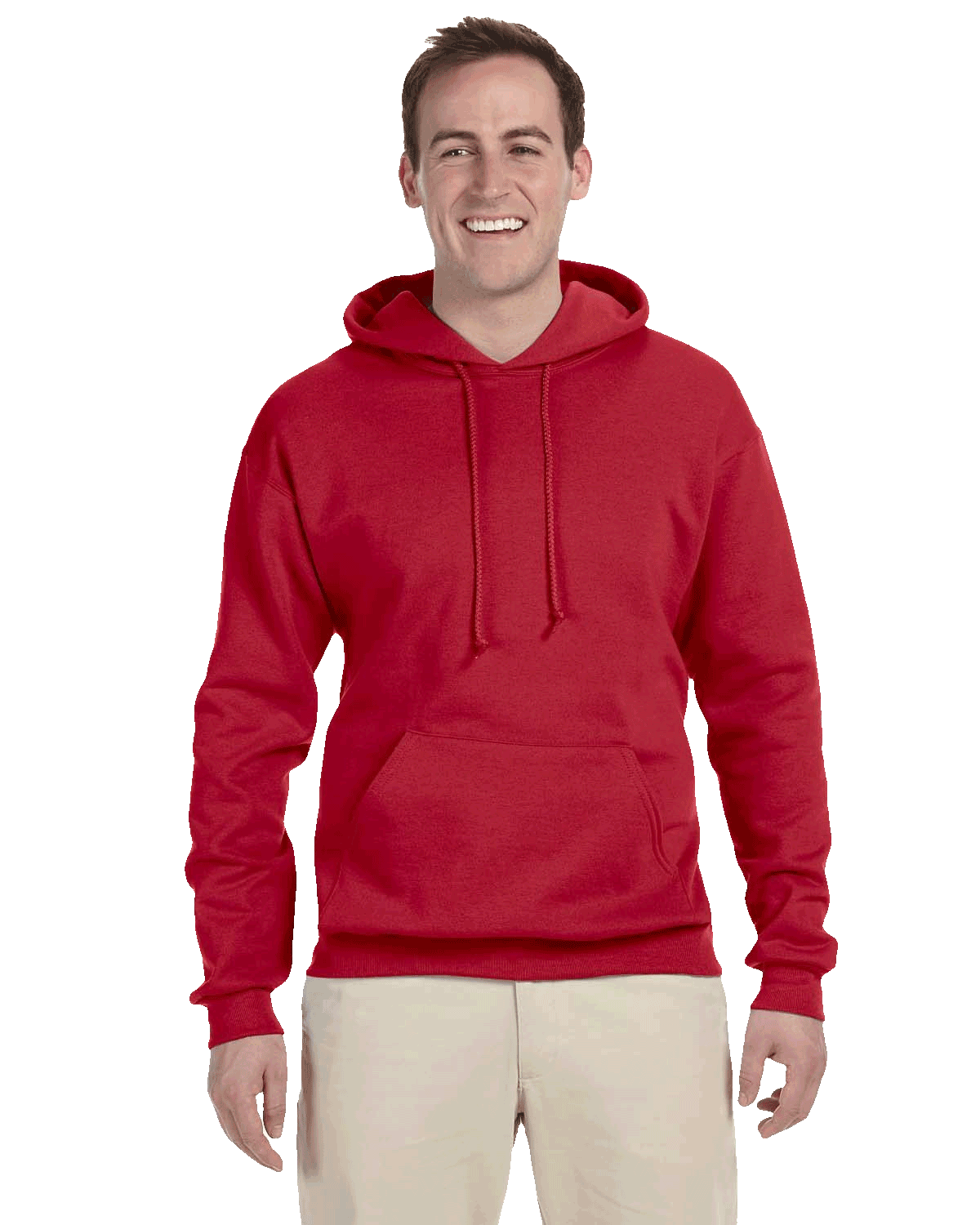 Man wearing bright red hoodie with drawstrings and front pocket, paired with beige pants