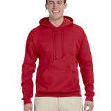 Man wearing bright red hoodie with drawstrings and front pocket, paired with beige pants