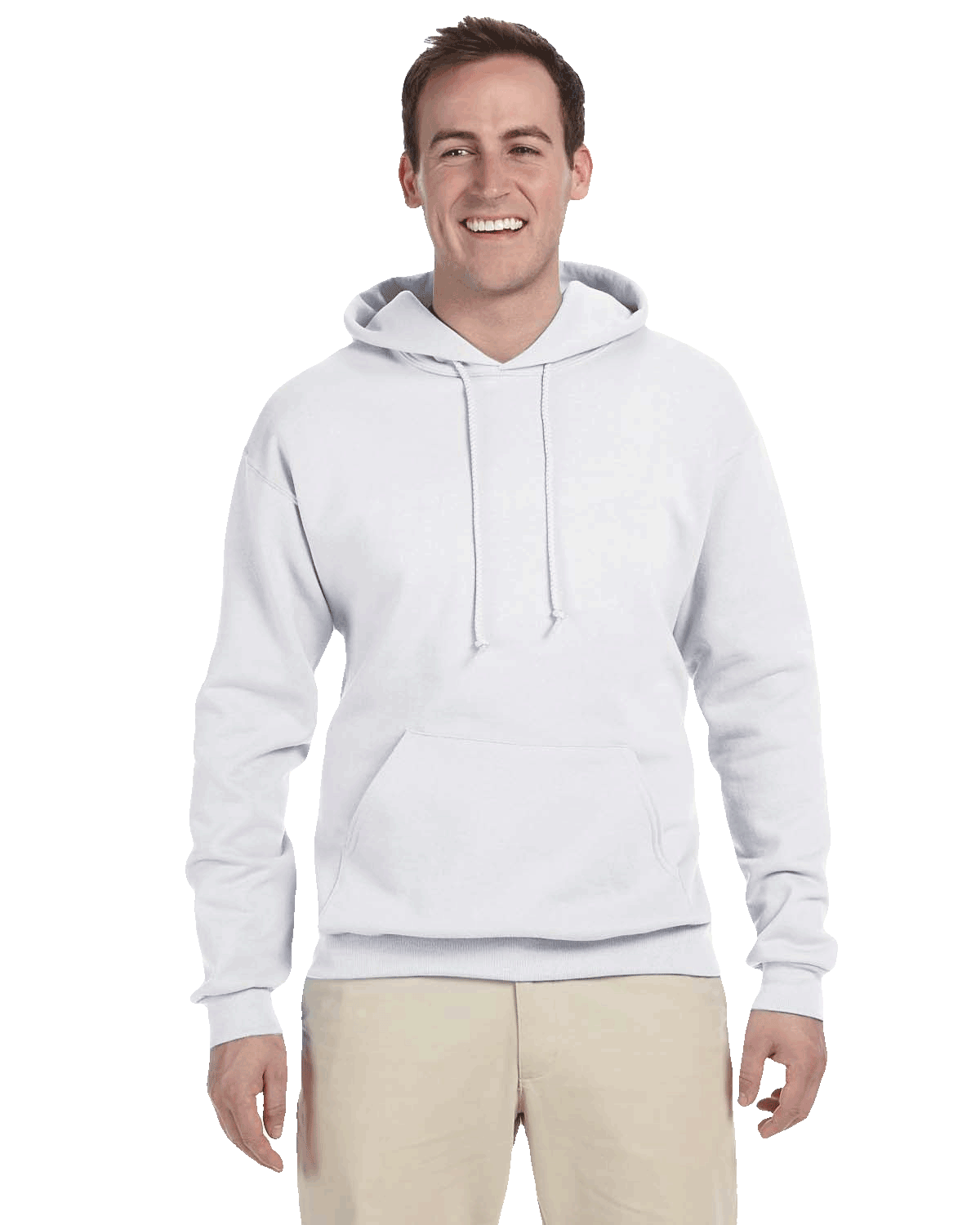 Man smiling in plain white hoodie with drawstrings and front pocket, wearing light khaki pants