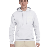 Man smiling in plain white hoodie with drawstrings and front pocket, wearing light khaki pants