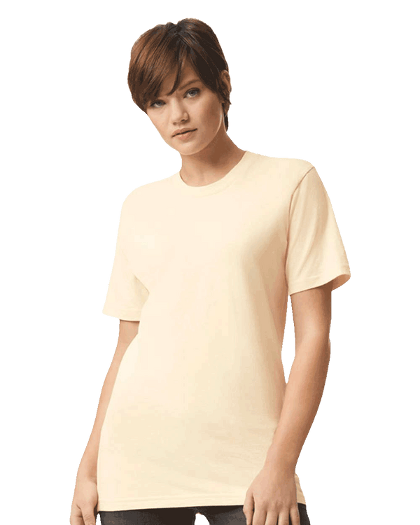 Woman wearing a Cream American Apparel Fine Jersey 2001 T-shirt, soft and stylish slim-fit tee perfect for casual wear and custom printing