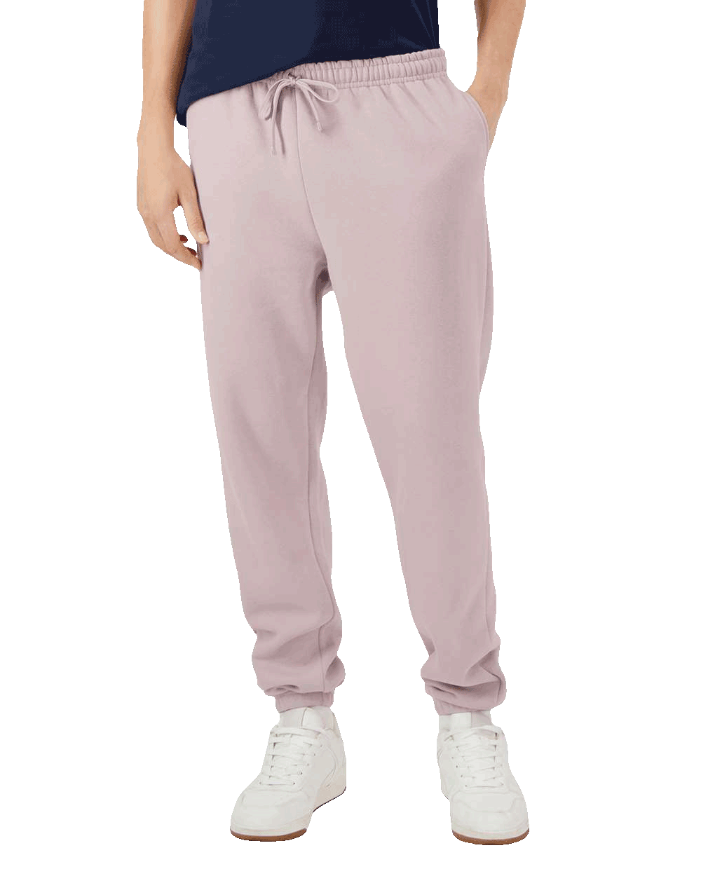 Light mauve jogger sweatpants with elastic waistband and drawstring, paired with white sneakers for a clean casual outfit