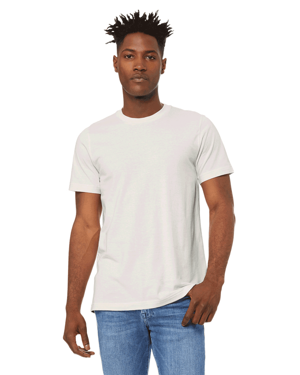 Man wearing a Bella + Canvas Unisex Jersey T-Shirt in "Vintage White" color, standing with a relaxed posture and hand resting on his side.