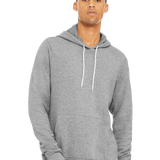 Man wearing heather grey pullover hoodie with white drawstrings and kangaroo pocket, blank canvas for custom embroidery or printing