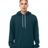 Man wearing deep teal pullover hoodie with white drawstrings and kangaroo pocket, blank for custom screen printing or embroidery
