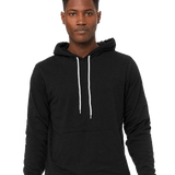 Man wearing classic black pullover hoodie with white drawstrings and kangaroo pocket, blank for custom printing