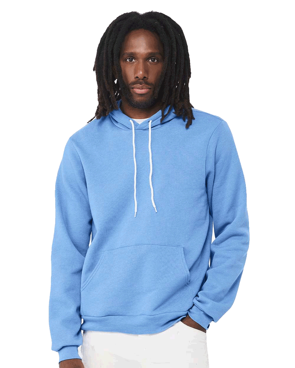 Man in sky-blue pullover hoodie with white drawstrings and kangaroo pocket, blank garment ready for custom screen-printed logo