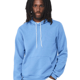 Man in sky-blue pullover hoodie with white drawstrings and kangaroo pocket, blank garment ready for custom screen-printed logo