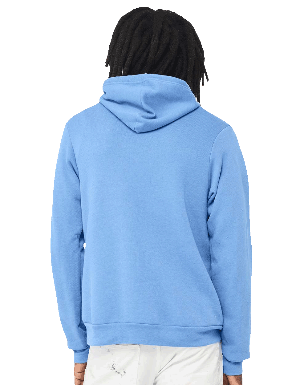 Back view of man in sky-blue pullover hoodie, blank rear panel ideal for large custom print or embroidery