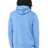 Back view of man in sky-blue pullover hoodie, blank rear panel ideal for large custom print or embroidery