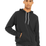 Man in classic black pullover hoodie with white drawstrings and kangaroo pocket, blank template for custom printing under streetwear style