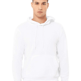 Man wearing a plain white hoodie with matching drawstrings and kangaroo pocket, ideal for clean minimalist designs or bold custom artwork.