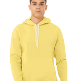 Man in bright yellow pullover hoodie with white drawstrings and kangaroo pocket, blank for eye-catching custom prints