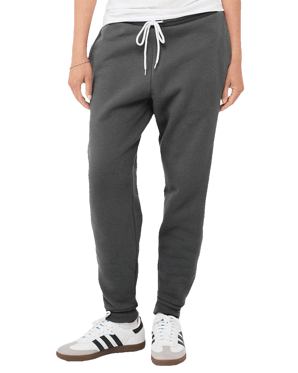 Dark gray jogger sweatpants with white drawstring and tapered fit, versatile loungewear great for printing, workouts, or everyday comfort