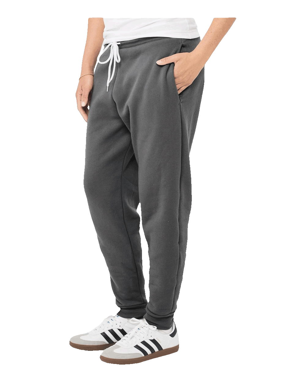 Dark gray fleece jogger sweatpants with drawstring waist and side pockets, cozy unisex fit perfect for custom printing or loungewear