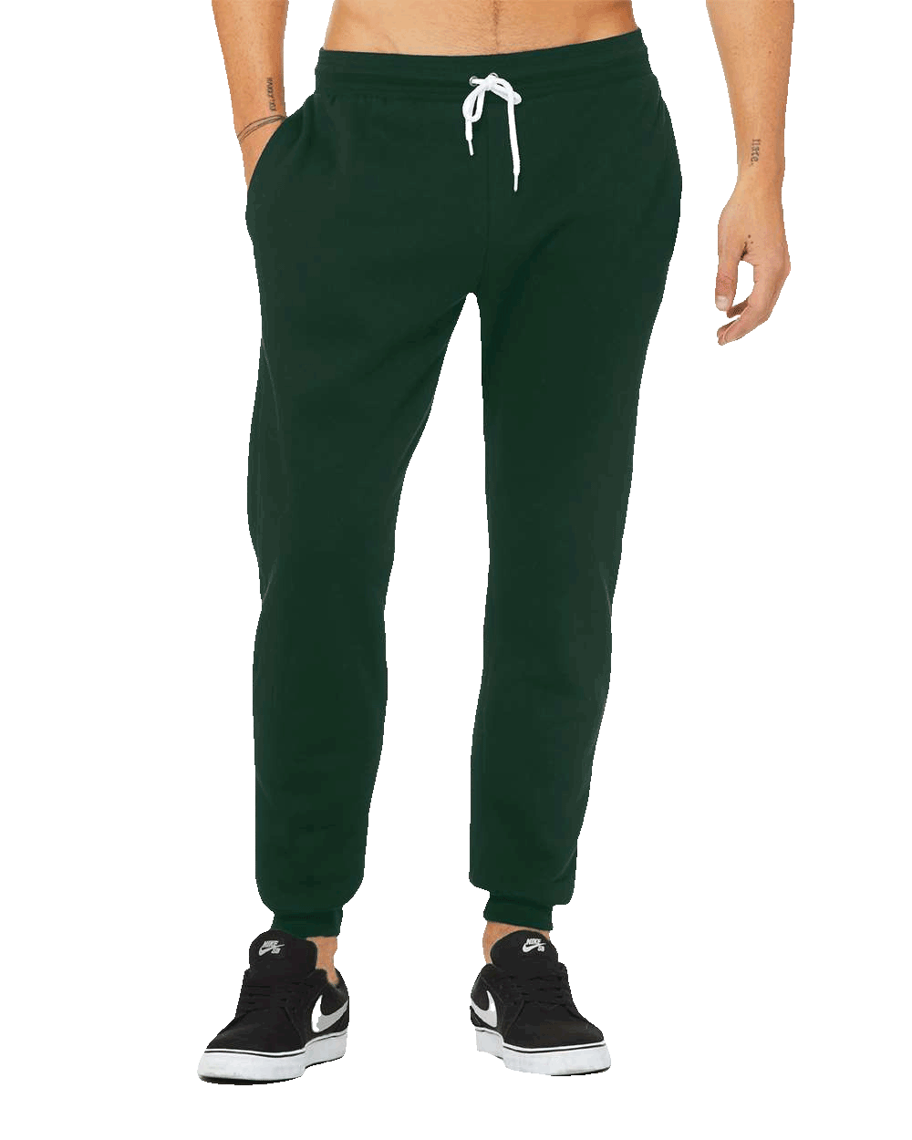 Forest green jogger sweatpants with white drawstring, cuffed ankles, and relaxed unisex fit for casual or active wear