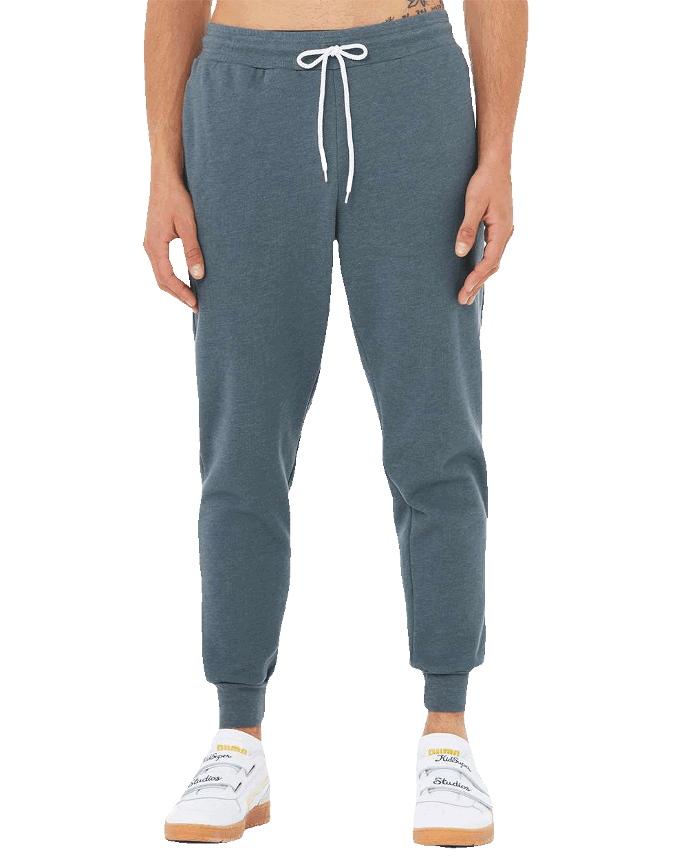 Steel blue fleece jogger pants with white drawstring and tapered fit, perfect for custom casual or fitness wear