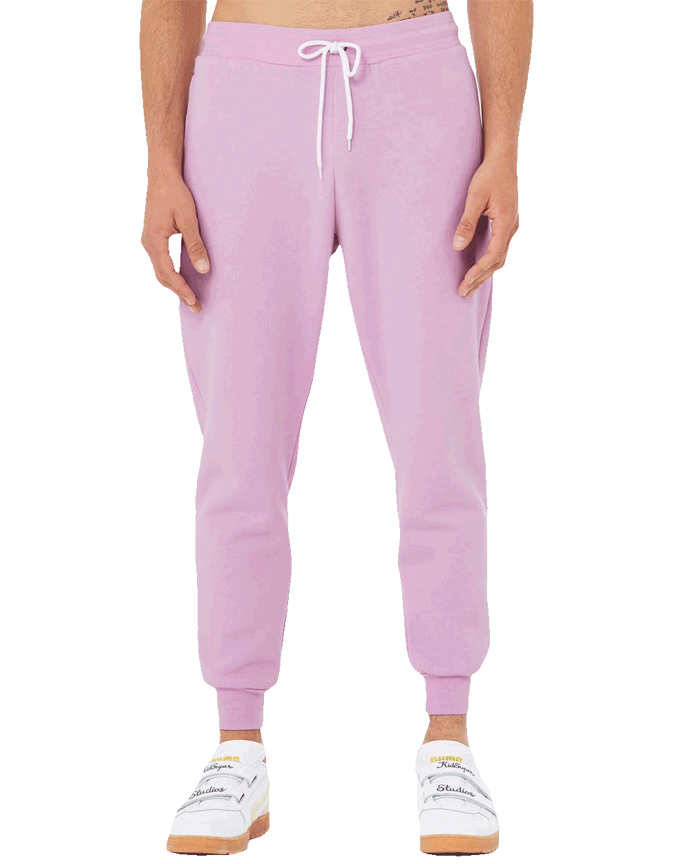 Light pink jogger sweatpants with white drawstring and ribbed cuffs, ideal for custom loungewear or activewear looks