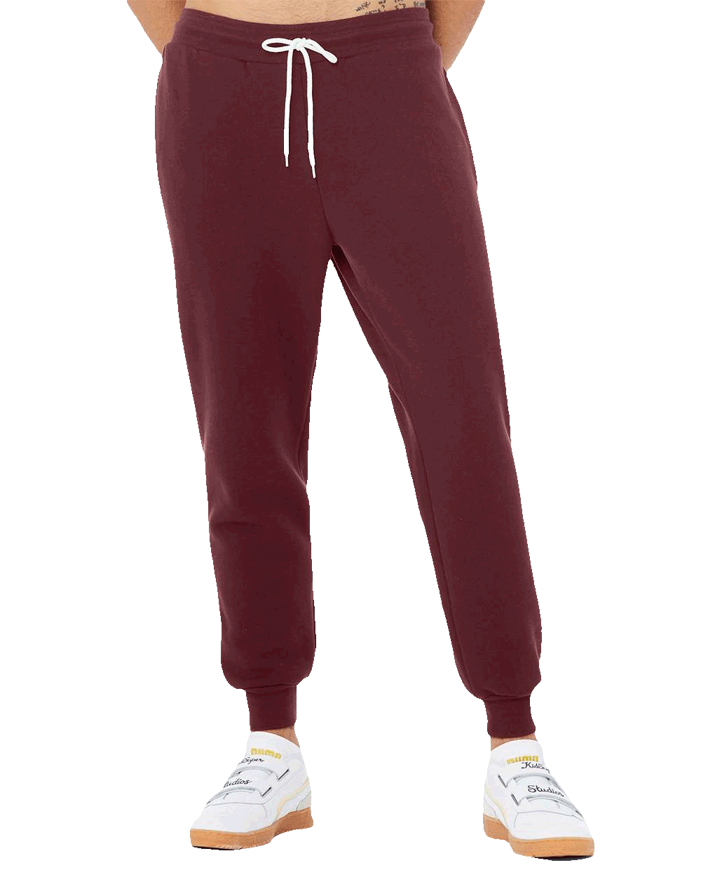 Maroon jogger sweatpants with white drawstring and cuffed ankles, perfect for casual comfort or custom printwear