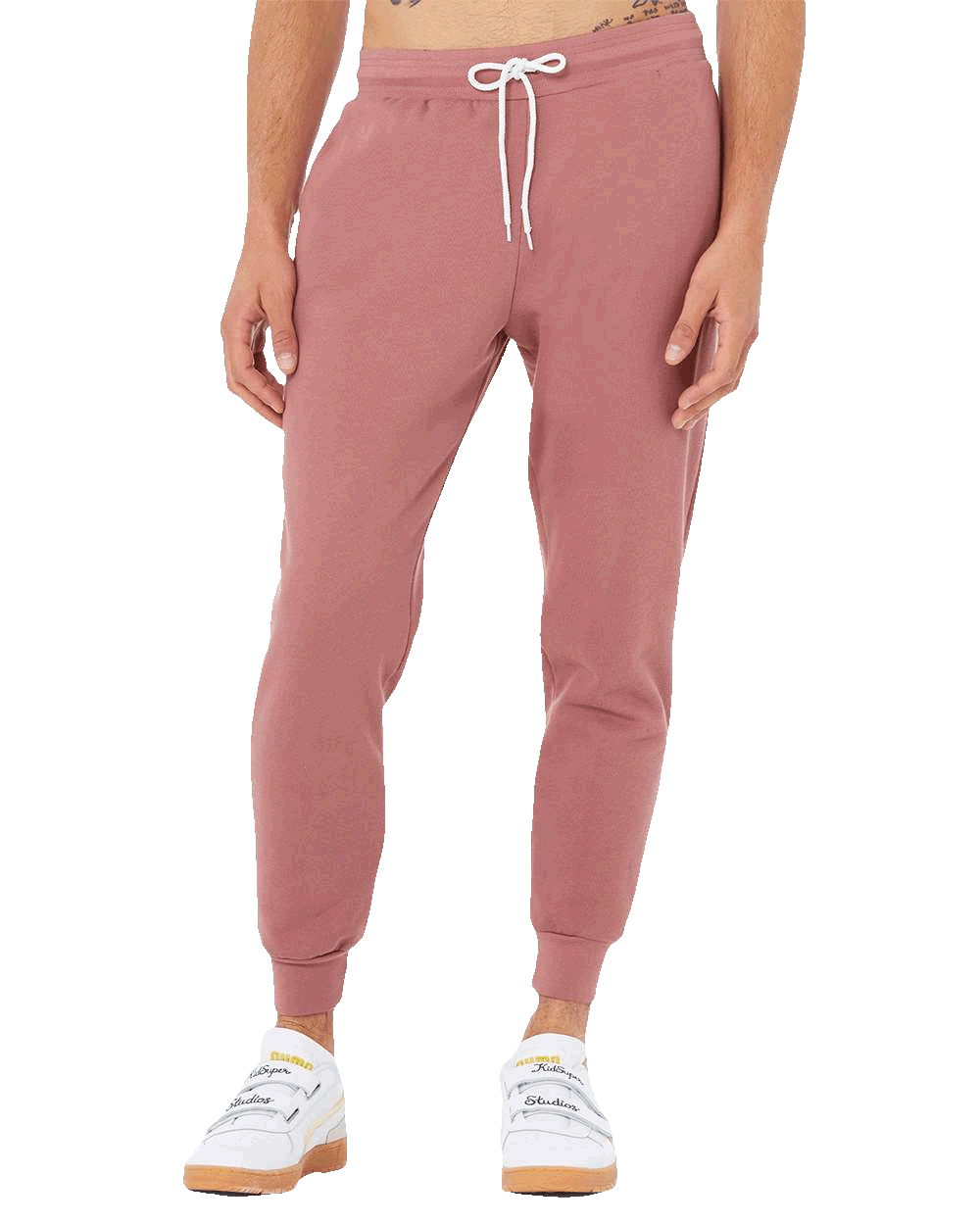 Mauve pink jogger sweatpants with white drawstring and cuffed ankles, ideal for custom loungewear or casual wear