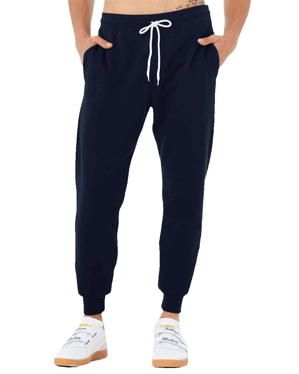 Navy blue jogger sweatpants with white drawstring and ribbed cuffs, perfect for custom streetwear or lounge outfits