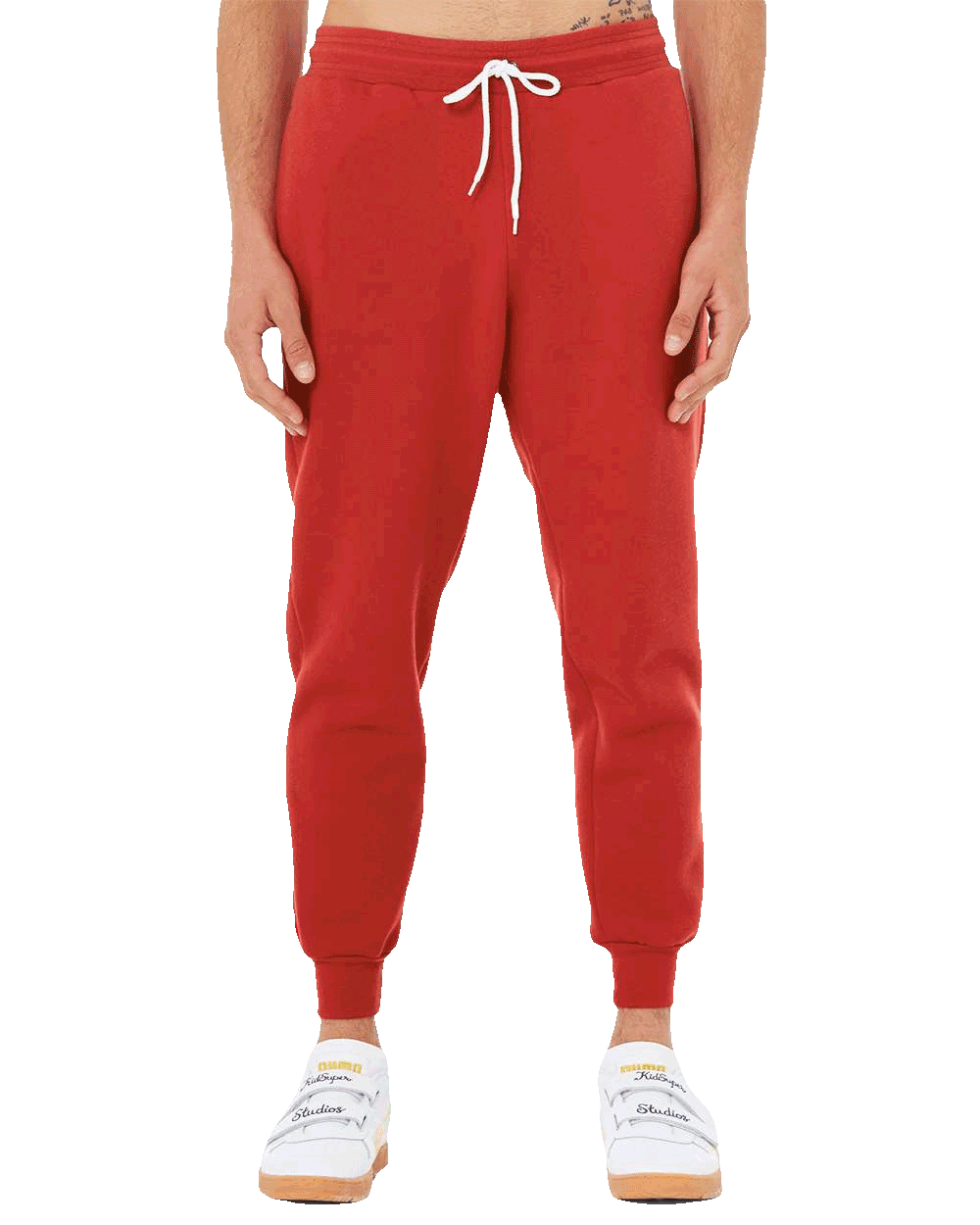 Bright red jogger sweatpants with white drawstring and elastic cuffs, ideal for casual or custom streetwear styling