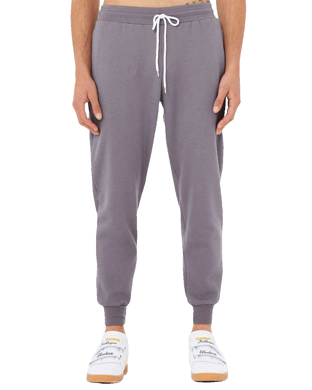 Dusty lavender jogger sweatpants with elastic cuffs and drawstring waist, unisex fit ideal for casual or custom wear