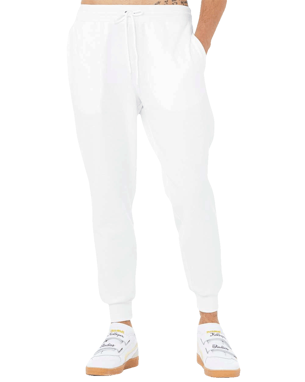 White jogger sweatpants with side pockets and drawstring waist, blank slim-fit design ideal for custom printing or casual outfits