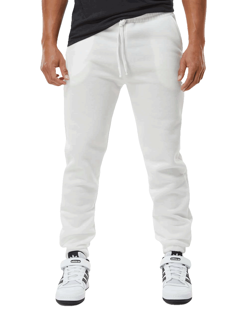 Model wearing Burnside white fleece joggers with elastic waistband, drawstring, cuffed ankles β custom apparel by Print-MO