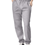 Model wearing heather grey fleece joggers with elastic waistband, drawstring, side pockets, and cuffed ankles – custom apparel by Print-MO.