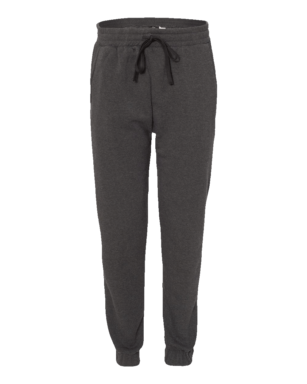 Burnside Charcoal Heather custom fleece joggers with elastic waistband, black drawstring, side pockets, and cuffed ankles β apparel by Print-MO.