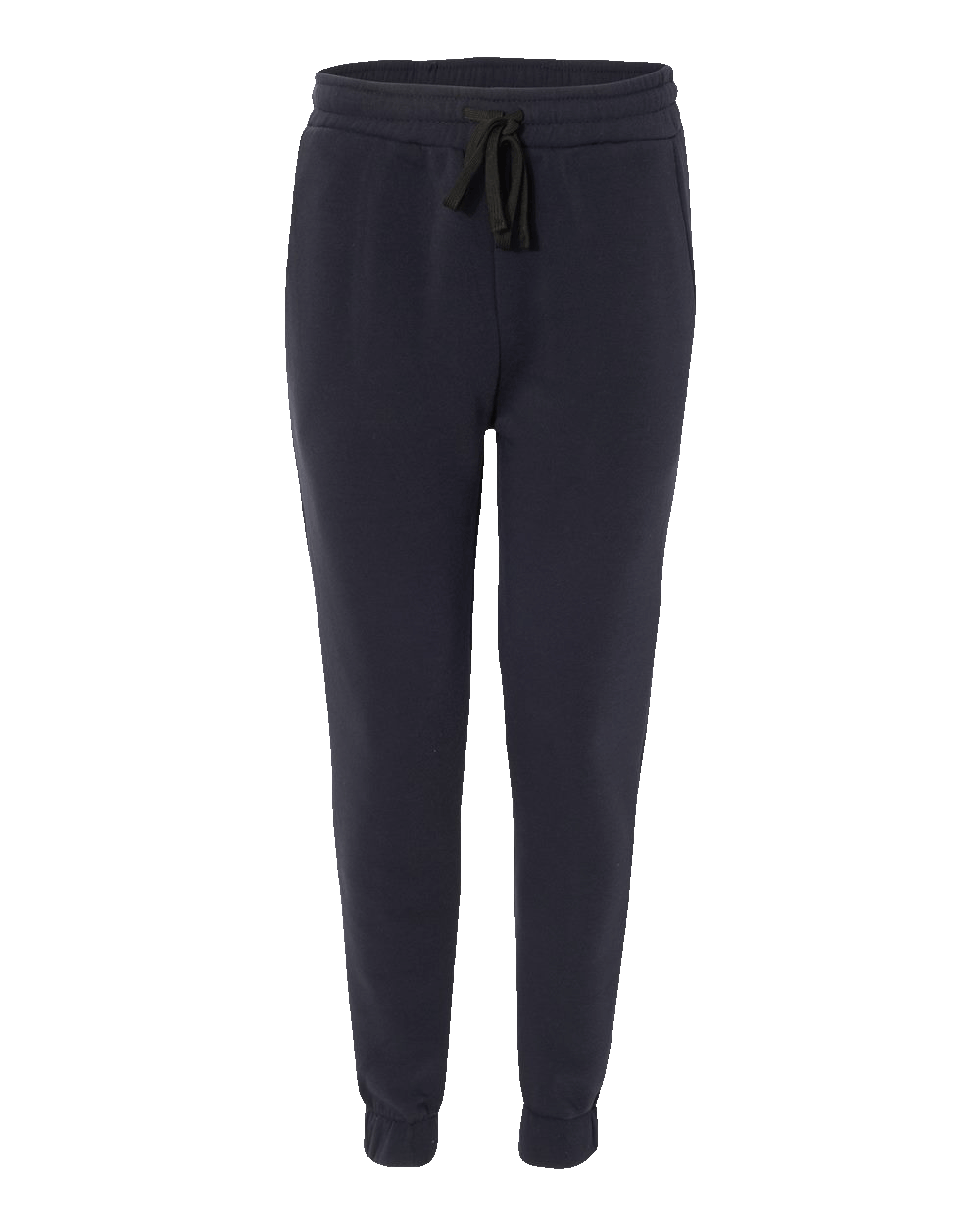 Burnside Navy custom fleece joggers with elastic waistband, drawstring, side pockets, and cuffed ankles β apparel by Print-MO.
