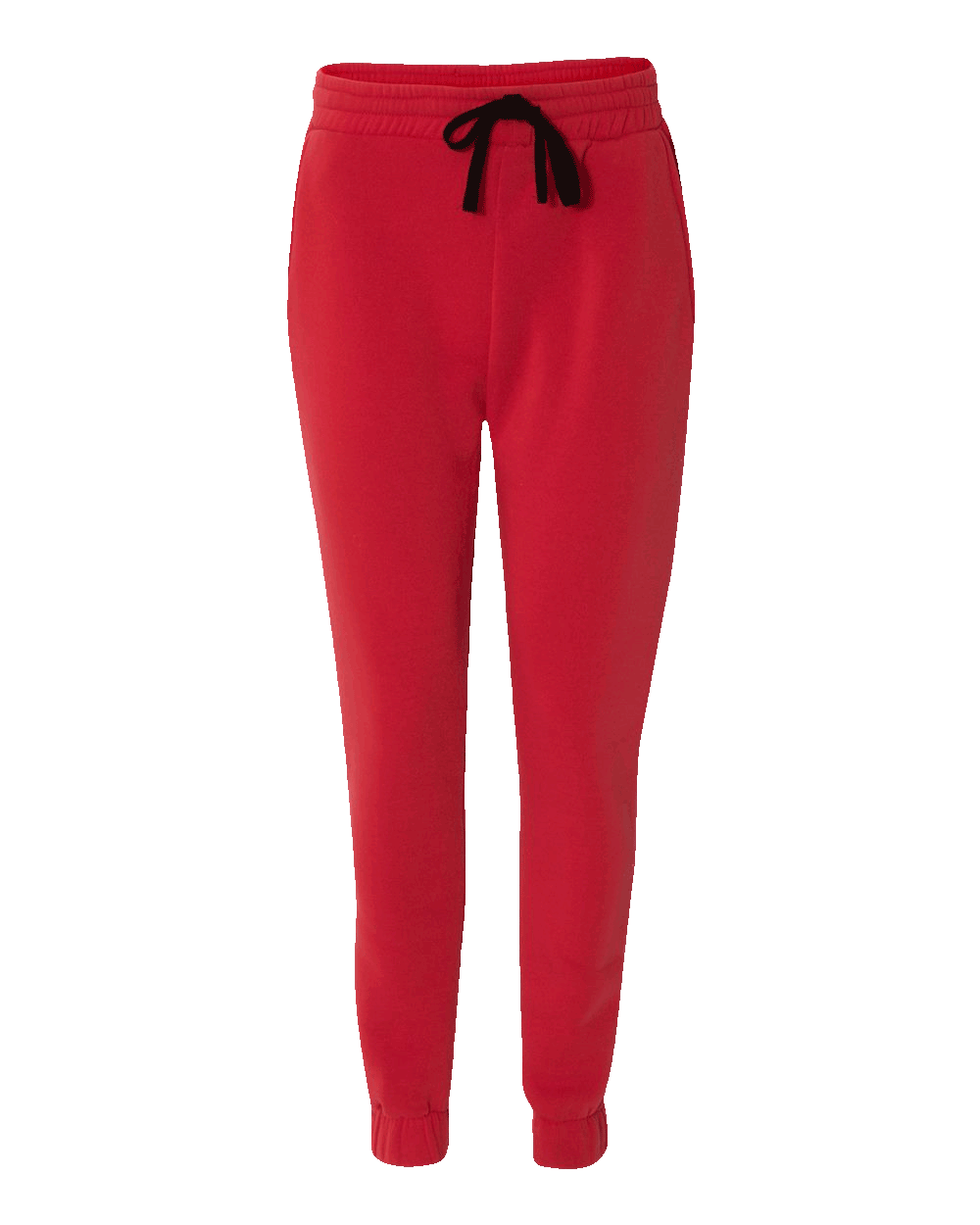 Burnside Red custom fleece joggers with elastic waistband, black drawstring, side pockets, and cuffed ankles β apparel by Print-MO.