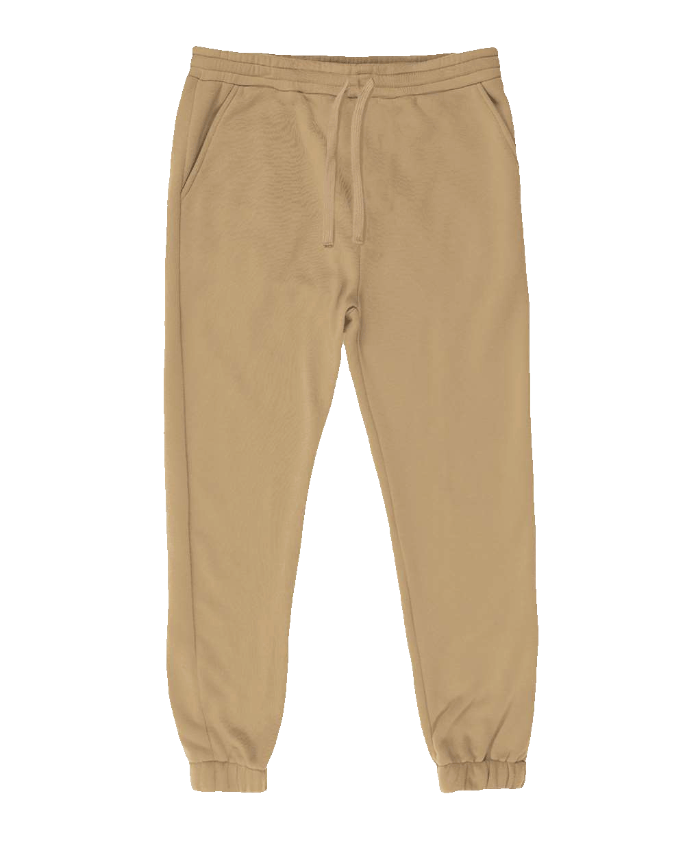 Burnside Tan custom fleece joggers with elastic waistband, drawstring, side pockets, and cuffed ankles β apparel by Print-MO.
