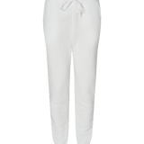 White fleece joggers with elastic waistband, drawstring, side pockets, and cuffed ankles β custom apparel by Print-MO.