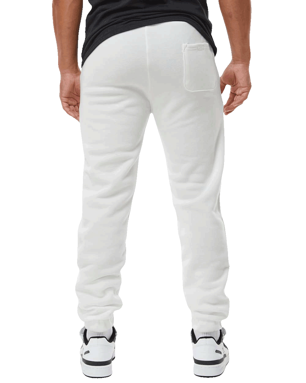 Back View Model wearing Burnside white fleece joggers with elastic waistband, drawstring, cuffed ankles β custom apparel by Print-MO.