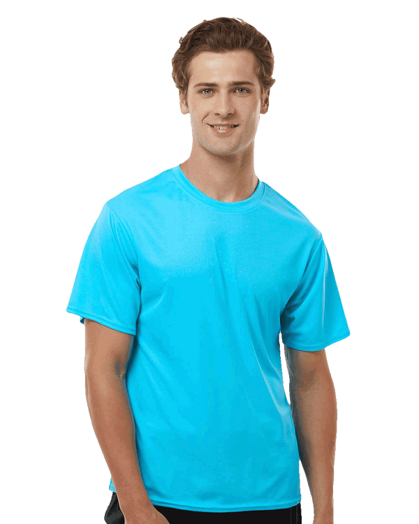 mens bright aqua crew neck short sleeve moisture wicking polyester t shirt blank front casual athletic style