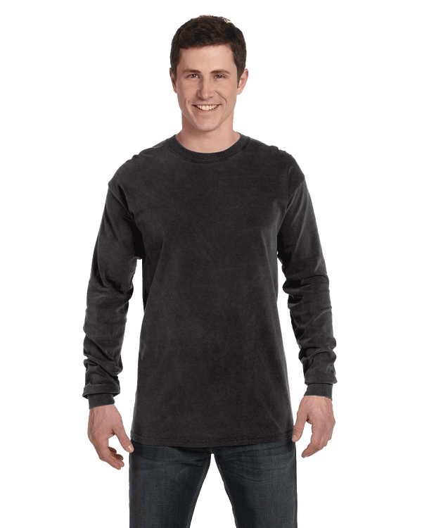Man wearing a Comfort Colors Heavyweight Long Sleeve T-shirt in Black.