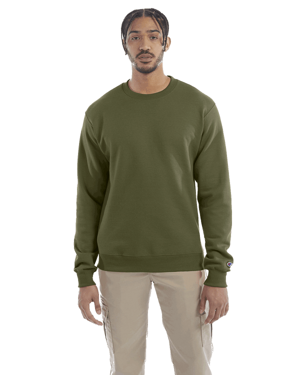 Man wearing a Champion Adult Powerblend Crewneck Sweatshirt in Fresh Olive.