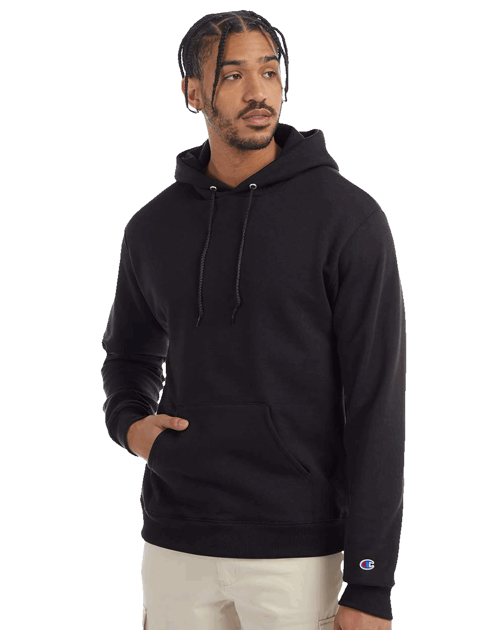 Man modeling a black Champion hoodie with drawstrings and kangaroo pocket, wearing light pants against transparent background