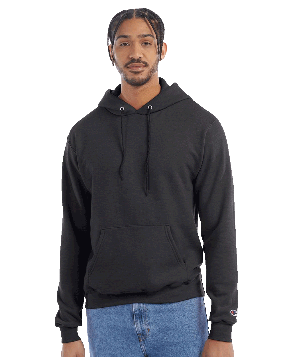 Man wearing a black Champion hoodie with drawstrings and front pocket, paired with blue jeans on transparent background