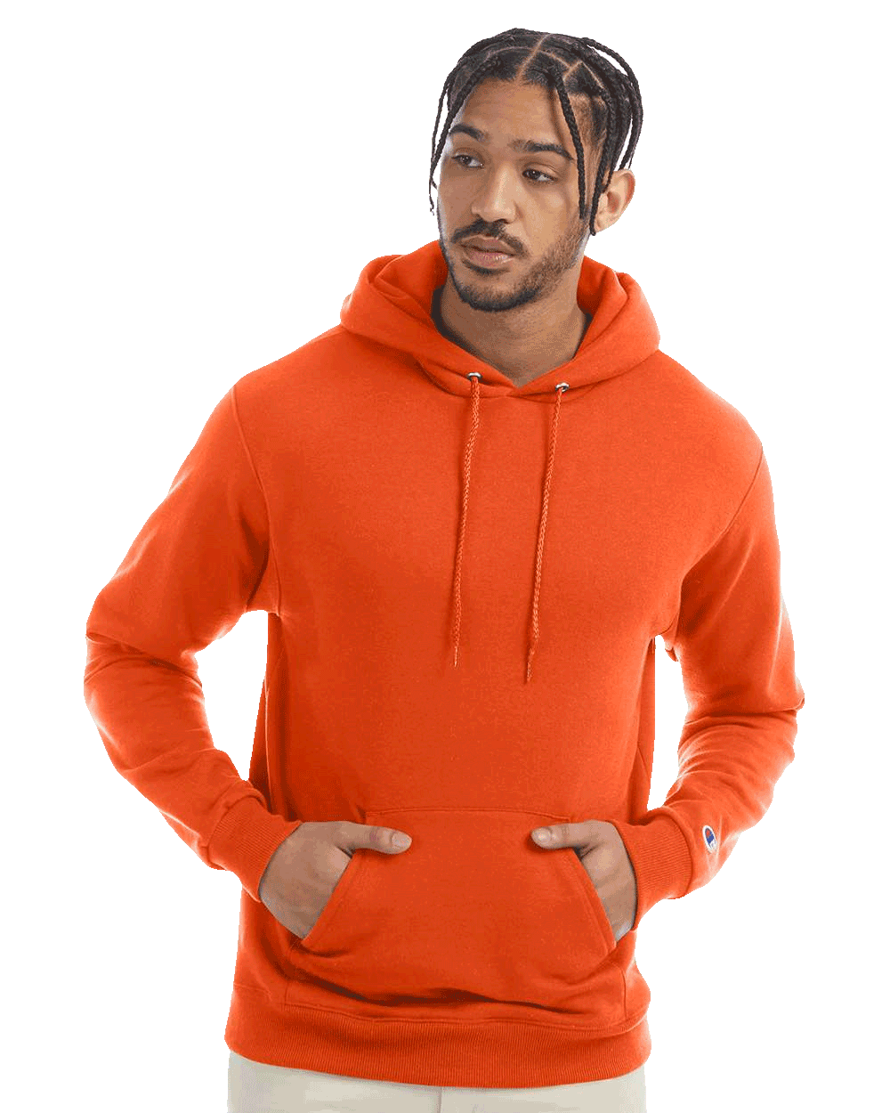 Man wearing orange Champion hoodie with kangaroo pocket and drawstrings, looking to the side on transparent background