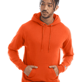 Man wearing orange Champion hoodie with kangaroo pocket and drawstrings, looking to the side on transparent background