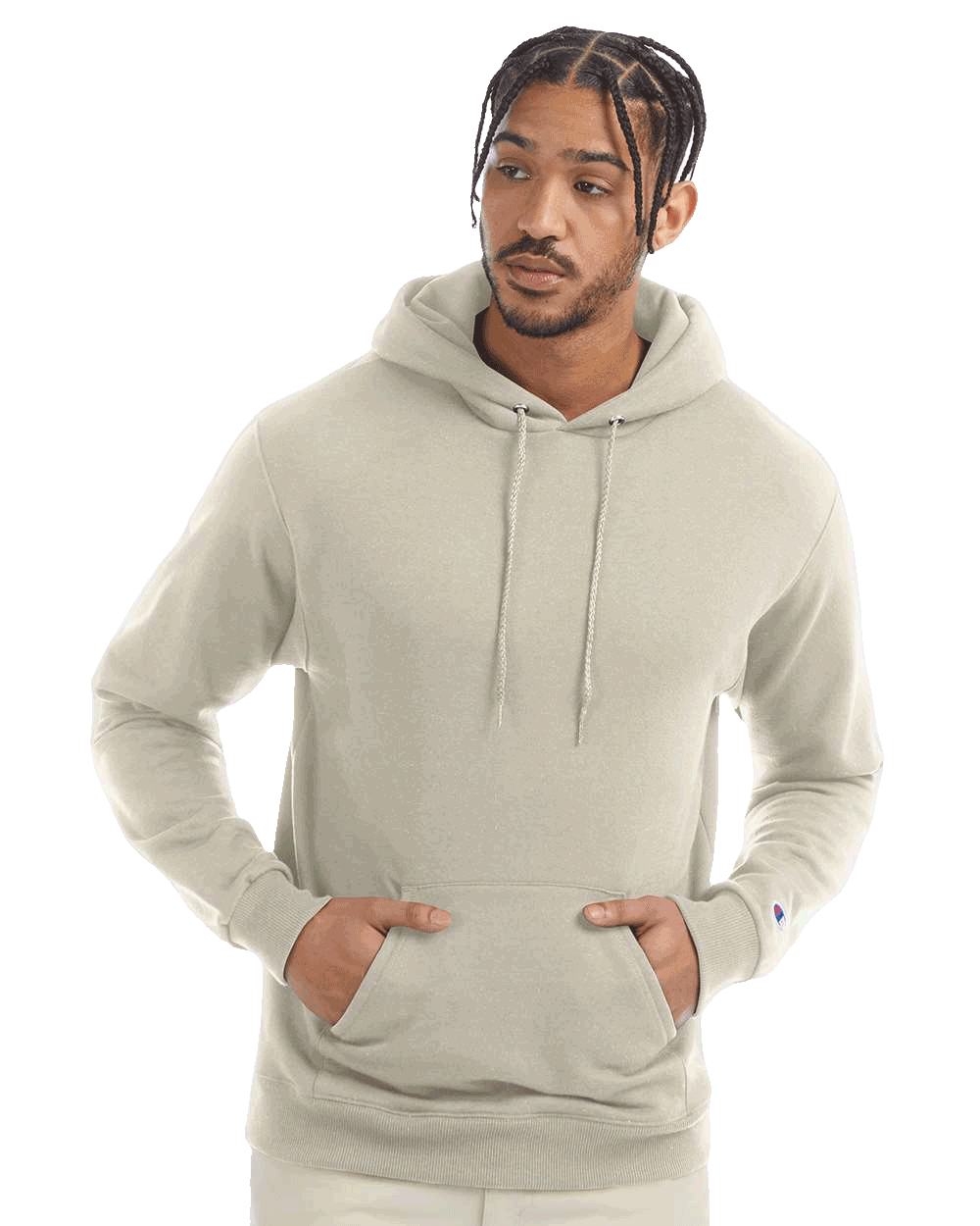 Man in light beige Champion hoodie with front pocket and drawstrings, hands in pocket, isolated on transparent background