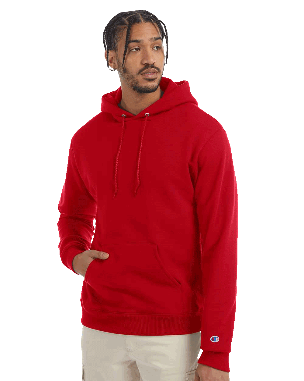 Man wearing a bold red Champion hoodie with front pocket and drawstrings, hand in pocket, on transparent background