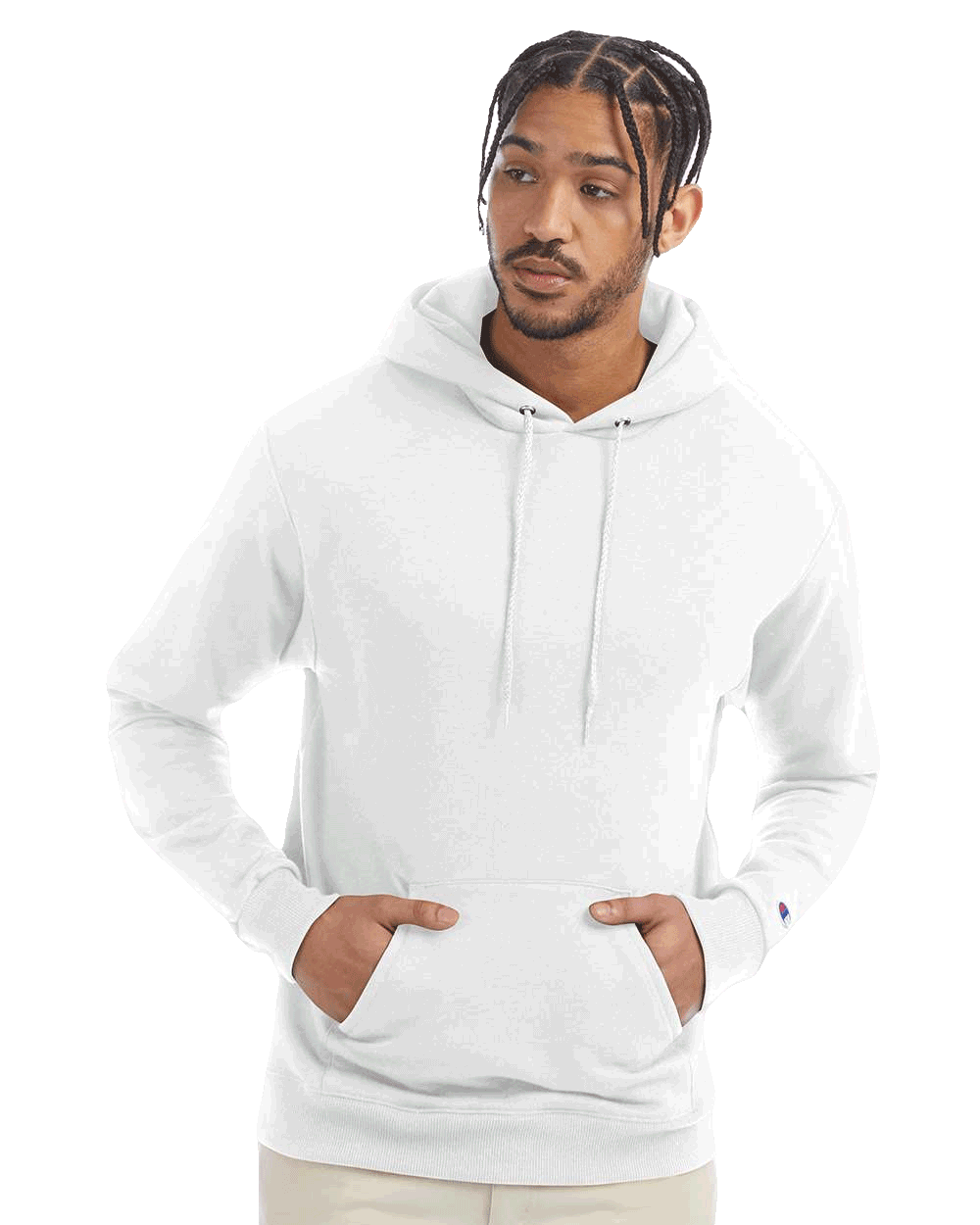 Man wearing a classic white Champion hoodie with drawstrings and front pocket, hands tucked in pocket, on transparent background.