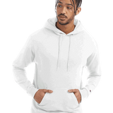 Man wearing a classic white Champion hoodie with drawstrings and front pocket, hands tucked in pocket, on transparent background.