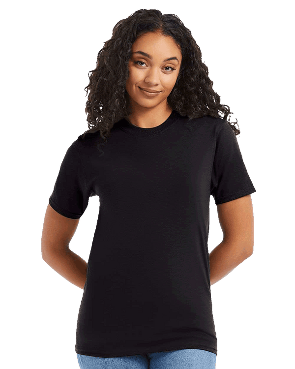 Model wearing Hanes Beefy-T 5180 black t-shirt — Classic heavyweight unisex blank tee perfect for custom printing or personalized designs.