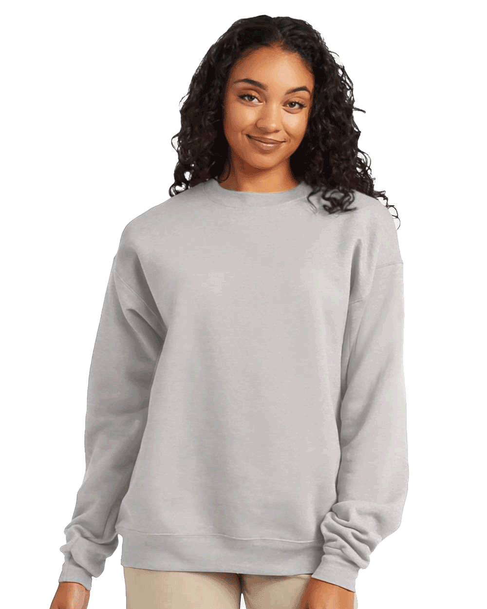 Hanes Heather grey crewneck fleece sweatshirt on female model, blank pullover ideal for custom screen printing